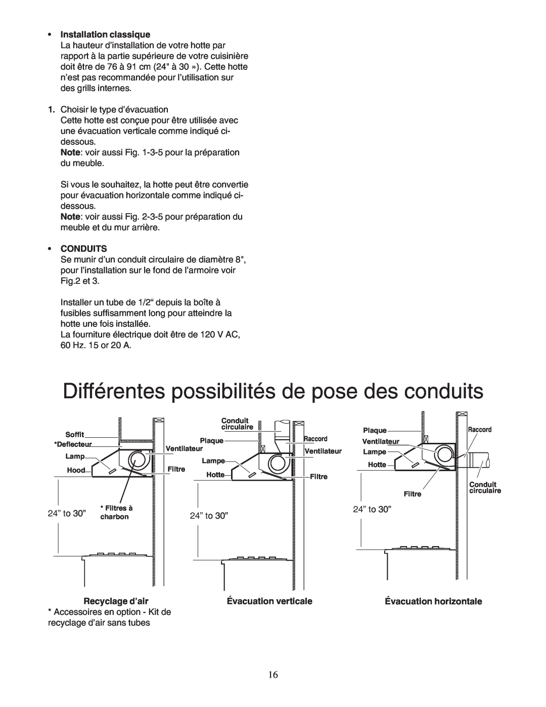 Thermador PHH30DS manual Différentes possibilités de pose des conduits, Installation classique, •Conduits, Recyclage d’air 