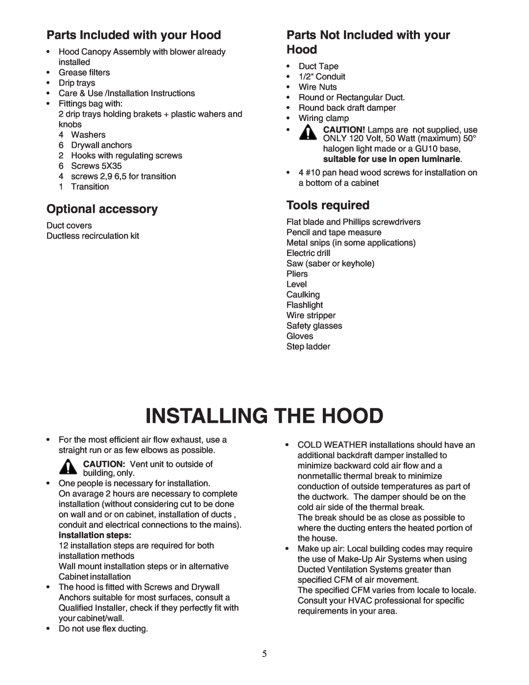 Thermador PHH36DS, PHH30DS manual Installing The Hood, Parts Included with your Hood, Optional accessory, Tools required 