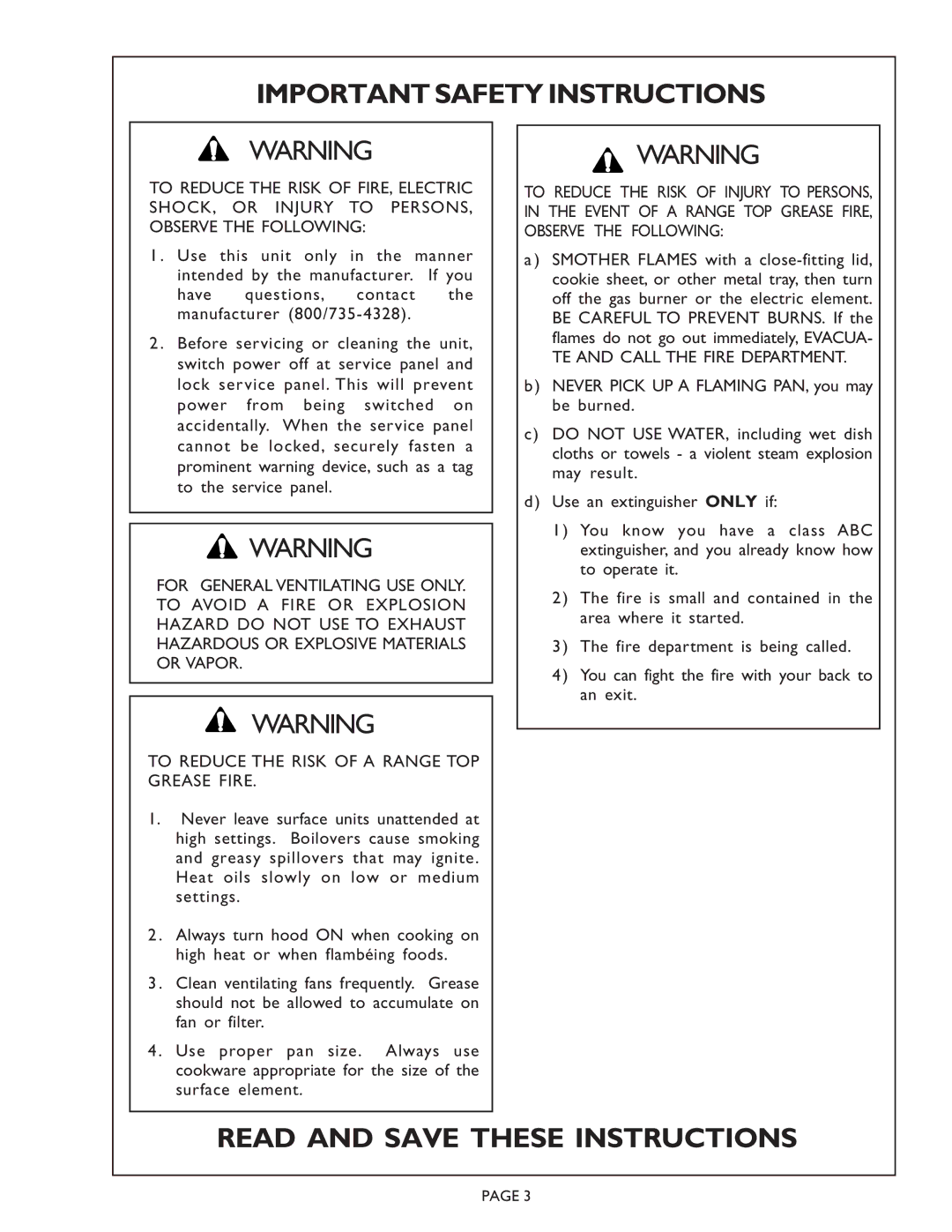 Thermador PH36ZS, PHI60ZS, PHI48ZS, PH48ZS, PH42ZS, PH54ZS manual Important Safety Instructions, TE and Call the Fire Department 