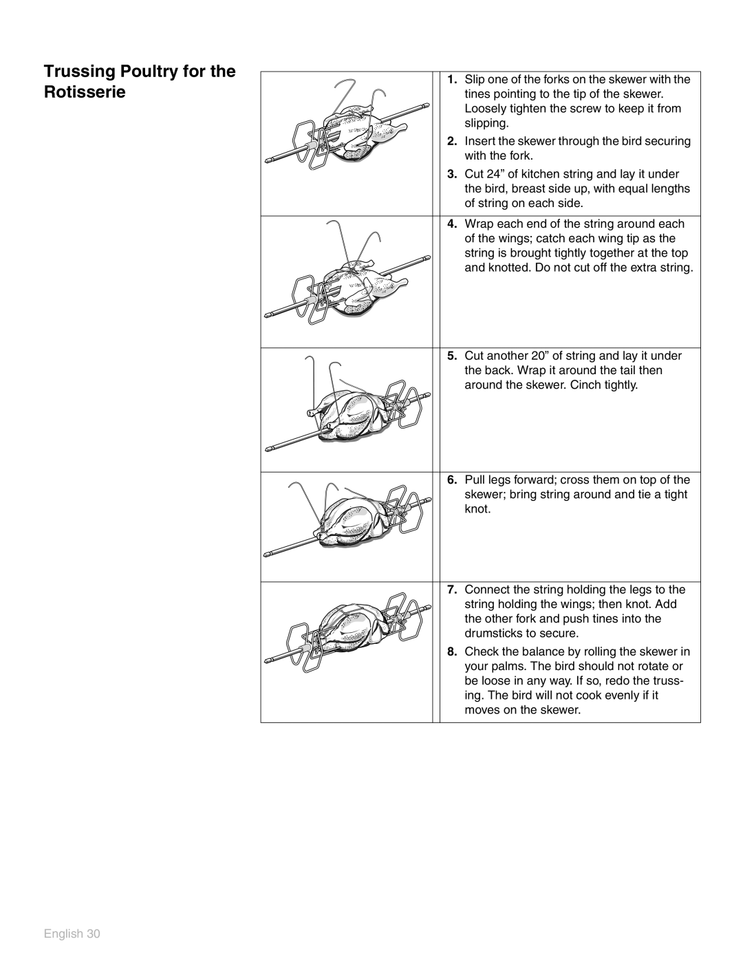 Thermador POD 302 manual Trussing Poultry for the Rotisserie 