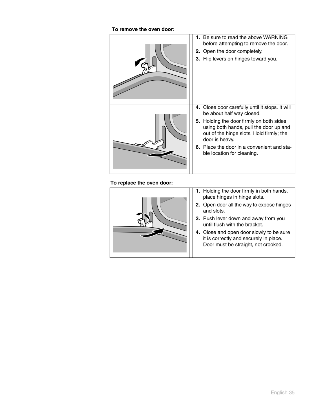 Thermador POD 302 manual To remove the oven door, To replace the oven door 