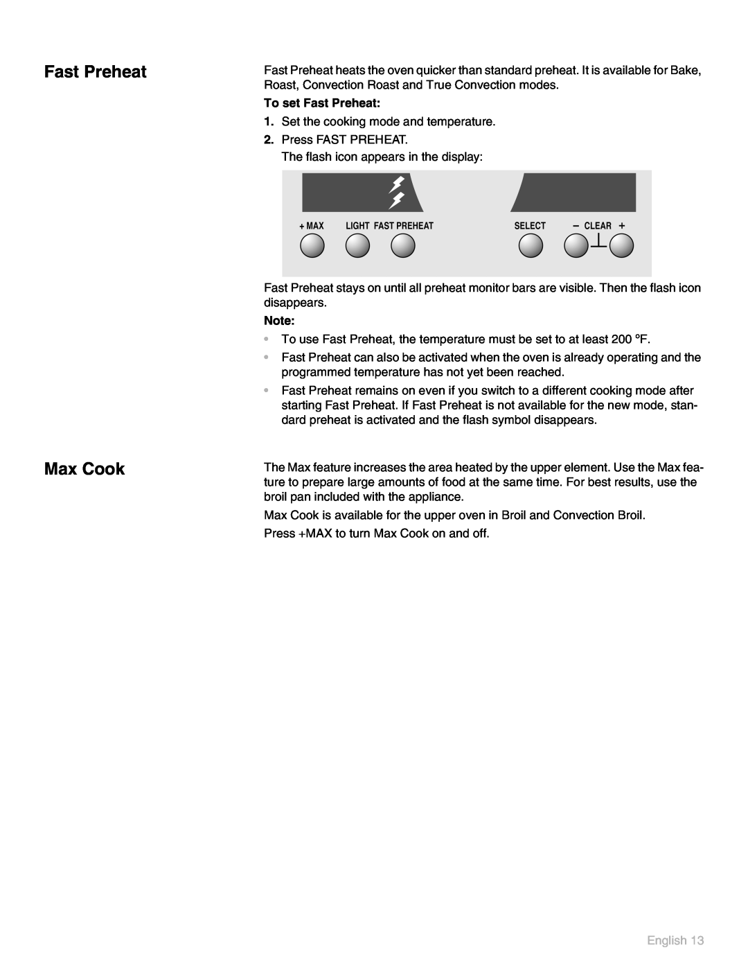 Thermador POD 302 manual Fast Preheat Max Cook, To set Fast Preheat, English 