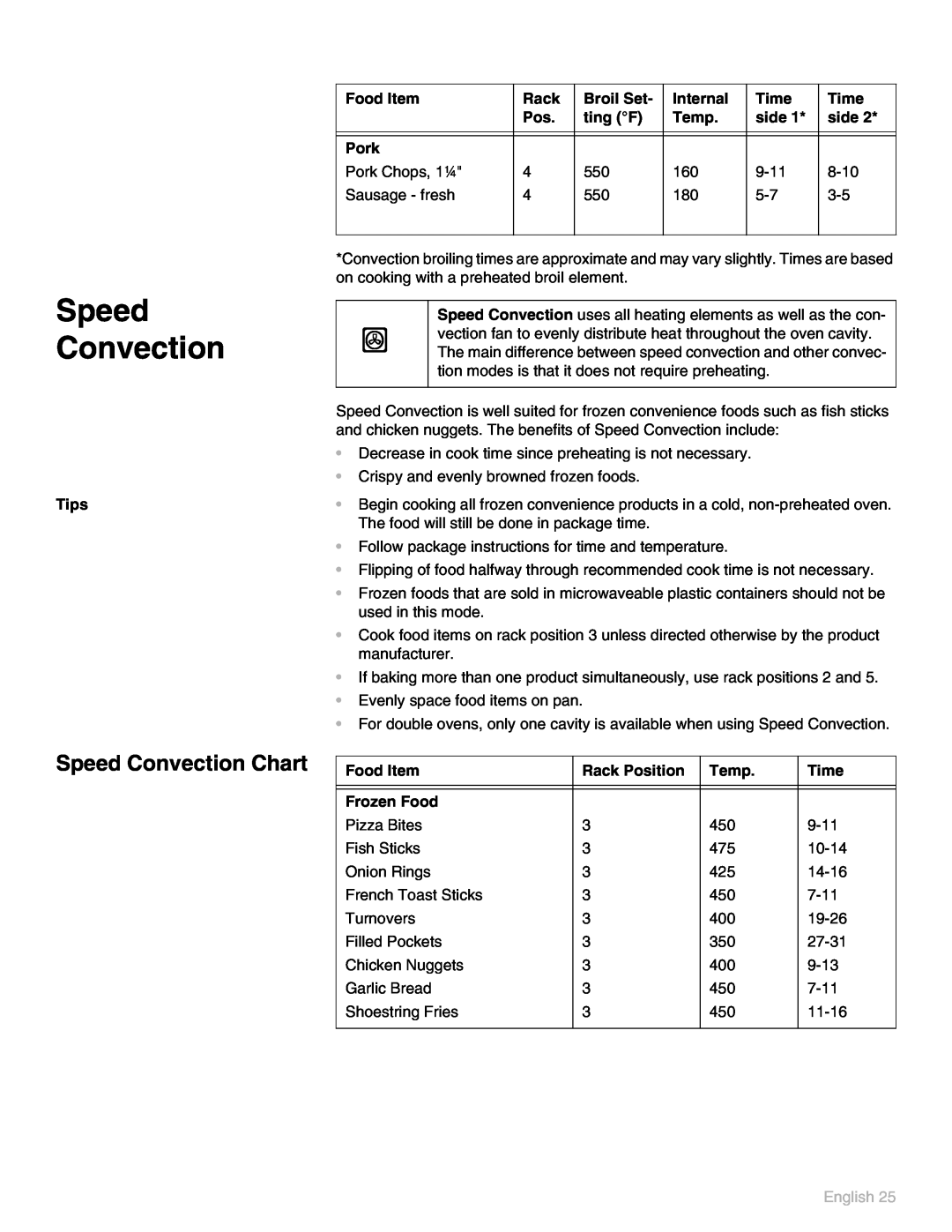 Thermador POD 302 manual Speed Convection Chart, English 