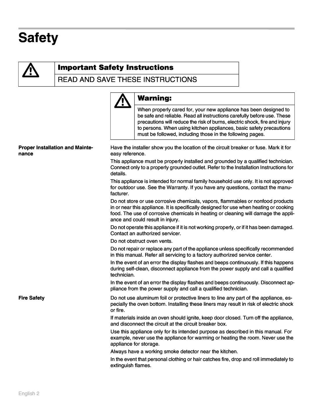 Thermador POD 302 manual Safety, Read And Save These Instructions, English 