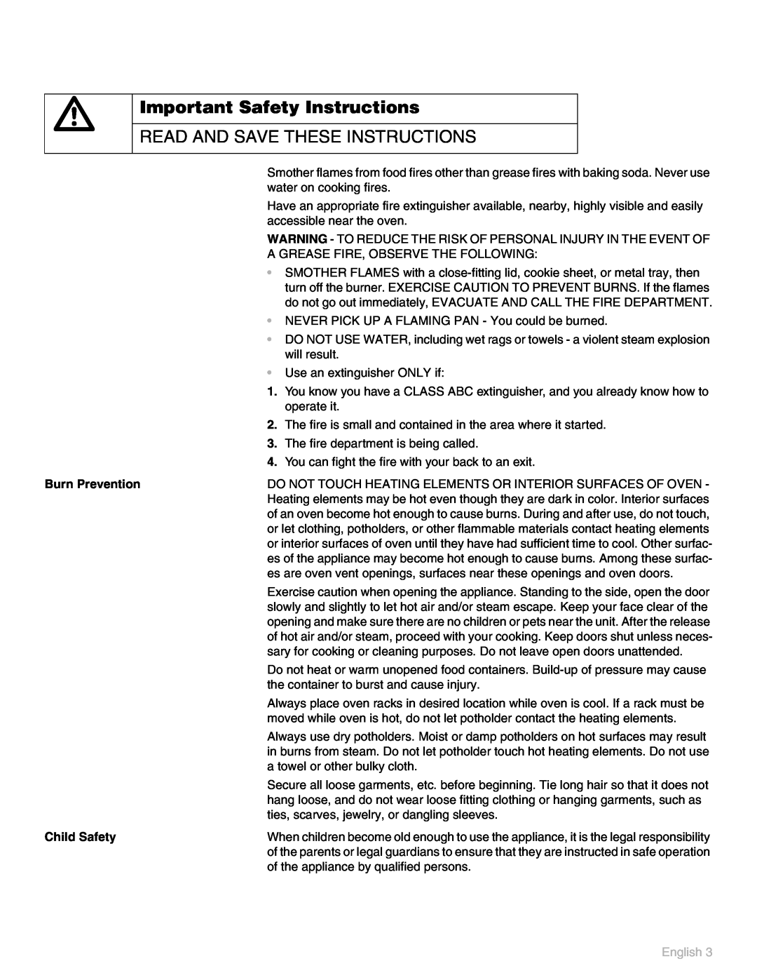 Thermador POD 302 manual Read And Save These Instructions, Burn Prevention, Child Safety, English 