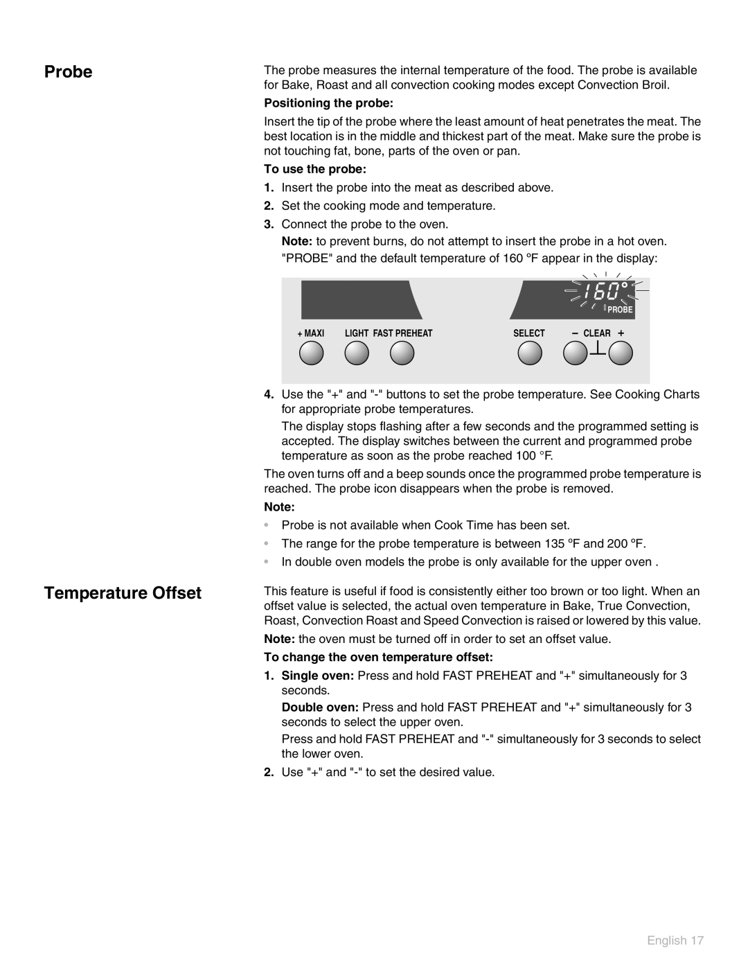 Thermador POD302 Probe Temperature Offset, Positioning the probe, To use the probe, To change the oven temperature offset 