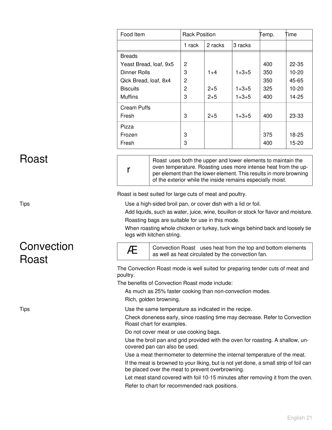 Thermador POD302 manual Convection Roast, Tips Food Item Rack Position Temp Time Racks Breads, Cream Puffs, Pizza 