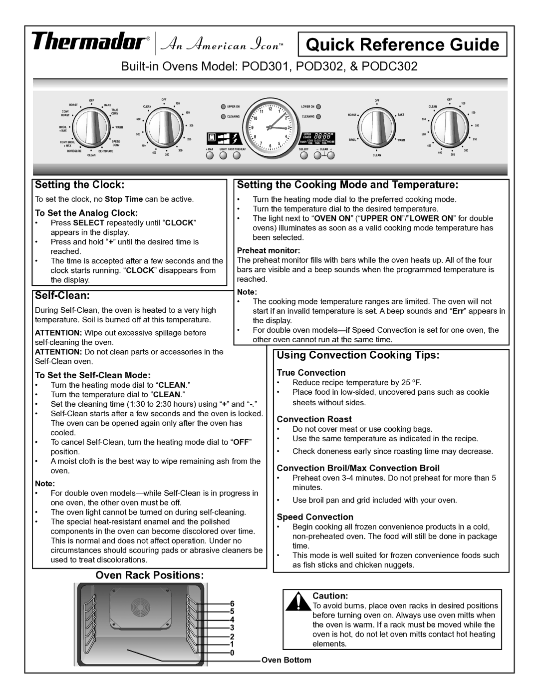 Thermador PODC301 manual Setting the Clock Setting the Cooking Mode and Temperature, Self-Clean, Oven Rack Positions 