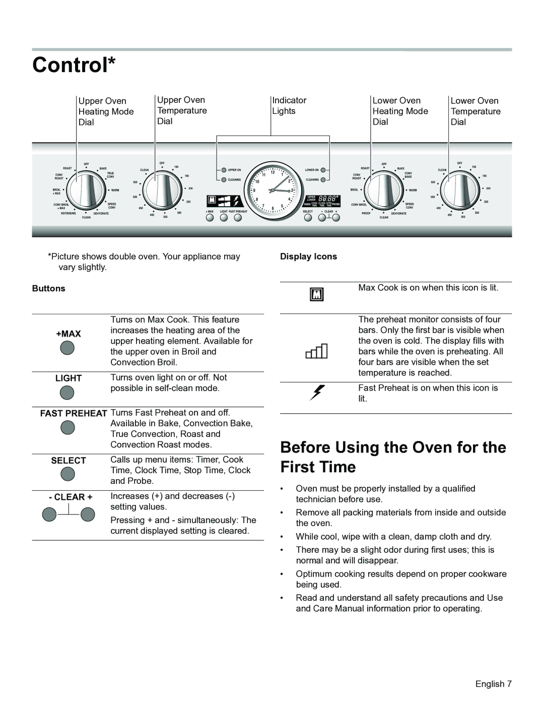 Thermador PODM301, PODMW301 manual Control, Before Using the Oven for the First Time, Buttons, Display Icons 