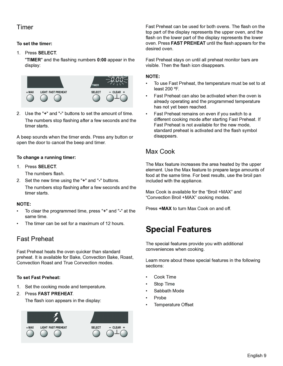 Thermador PODM301, PODMW301 manual Special Features, Timer, Fast Preheat, Max Cook 