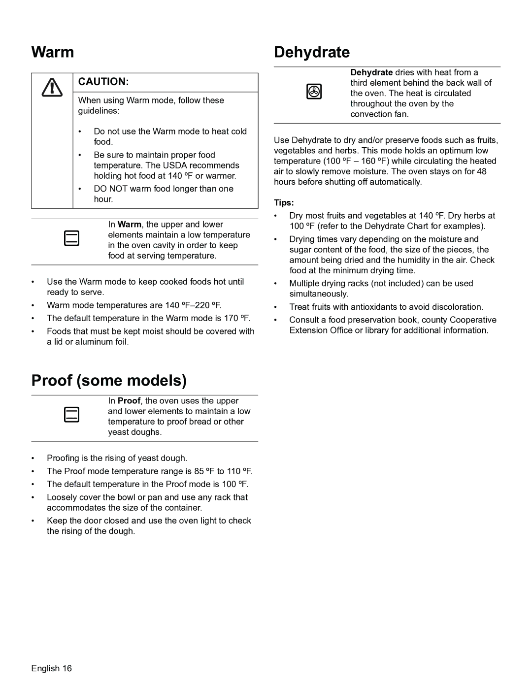 Thermador PODMW301, PODM301 manual Warm, Proof some models, Dehydrate 