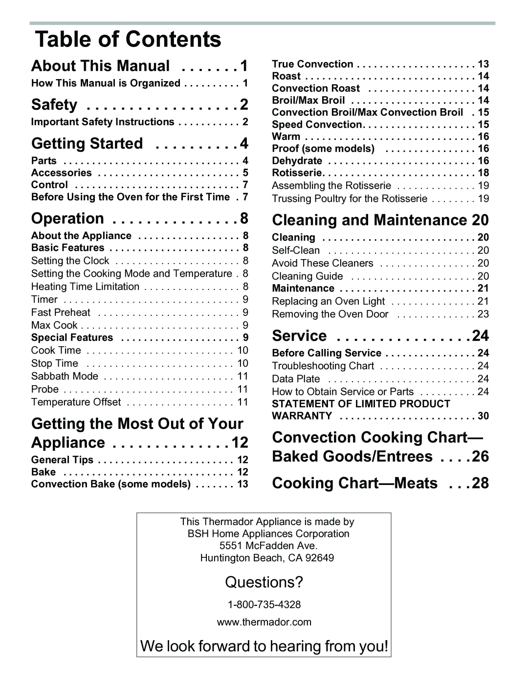 Thermador PODM301, PODMW301 manual Table of Contents 