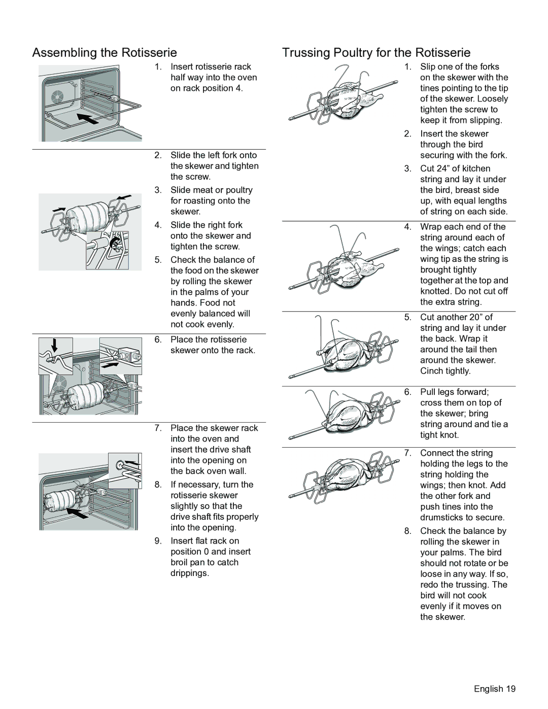 Thermador PODM301, PODMW301 manual Assembling the Rotisserie, Trussing Poultry for the Rotisserie 