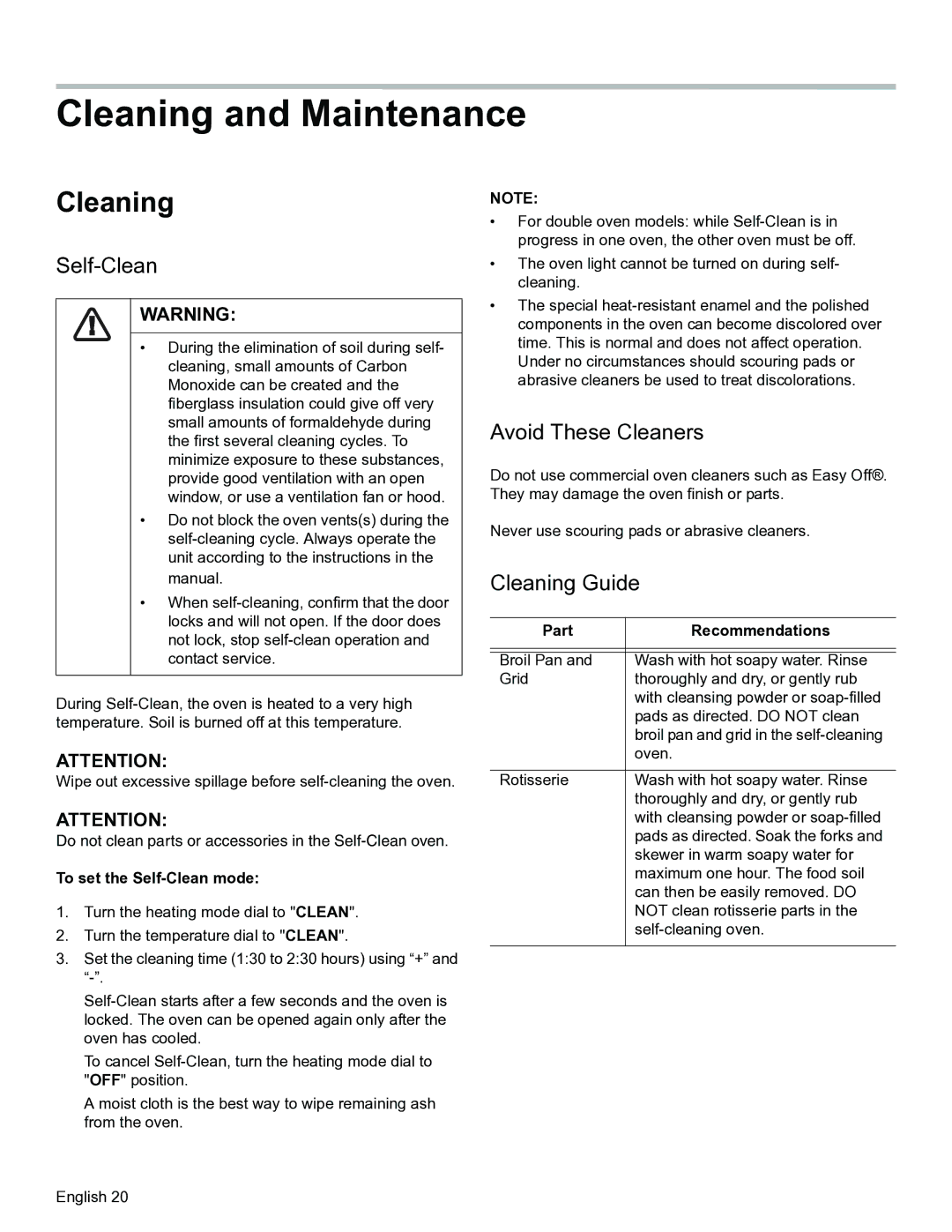 Thermador PODMW301, PODM301 manual Cleaning and Maintenance, Self-Clean, Avoid These Cleaners, Cleaning Guide 