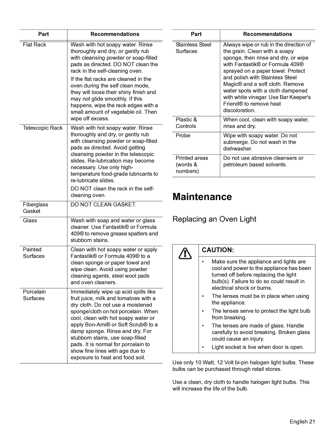 Thermador PODM301, PODMW301 manual Maintenance, Replacing an Oven Light 