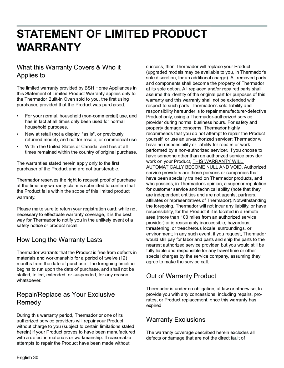 Thermador PODMW301 What this Warranty Covers & Who it Applies to, How Long the Warranty Lasts, Out of Warranty Product 