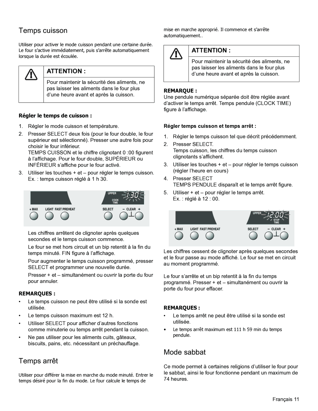 Thermador PODM301 Temps cuisson, Temps arrêt, Mode sabbat, Régler le temps de cuisson, Régler temps cuisson et temps arrêt 