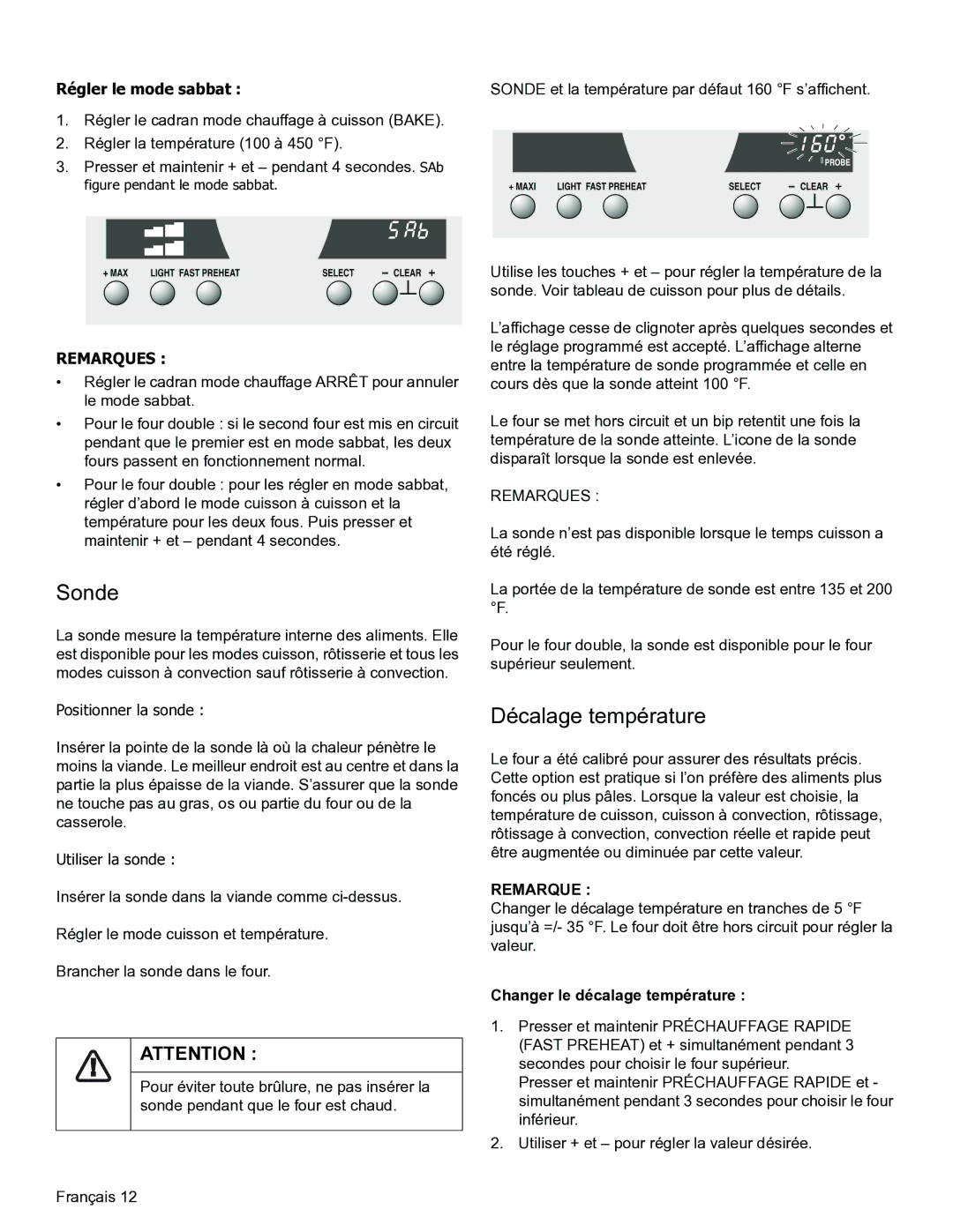 Thermador PODMW301, PODM301 manual Sonde, Décalage température, Régler le mode sabbat, Changer le décalage température 