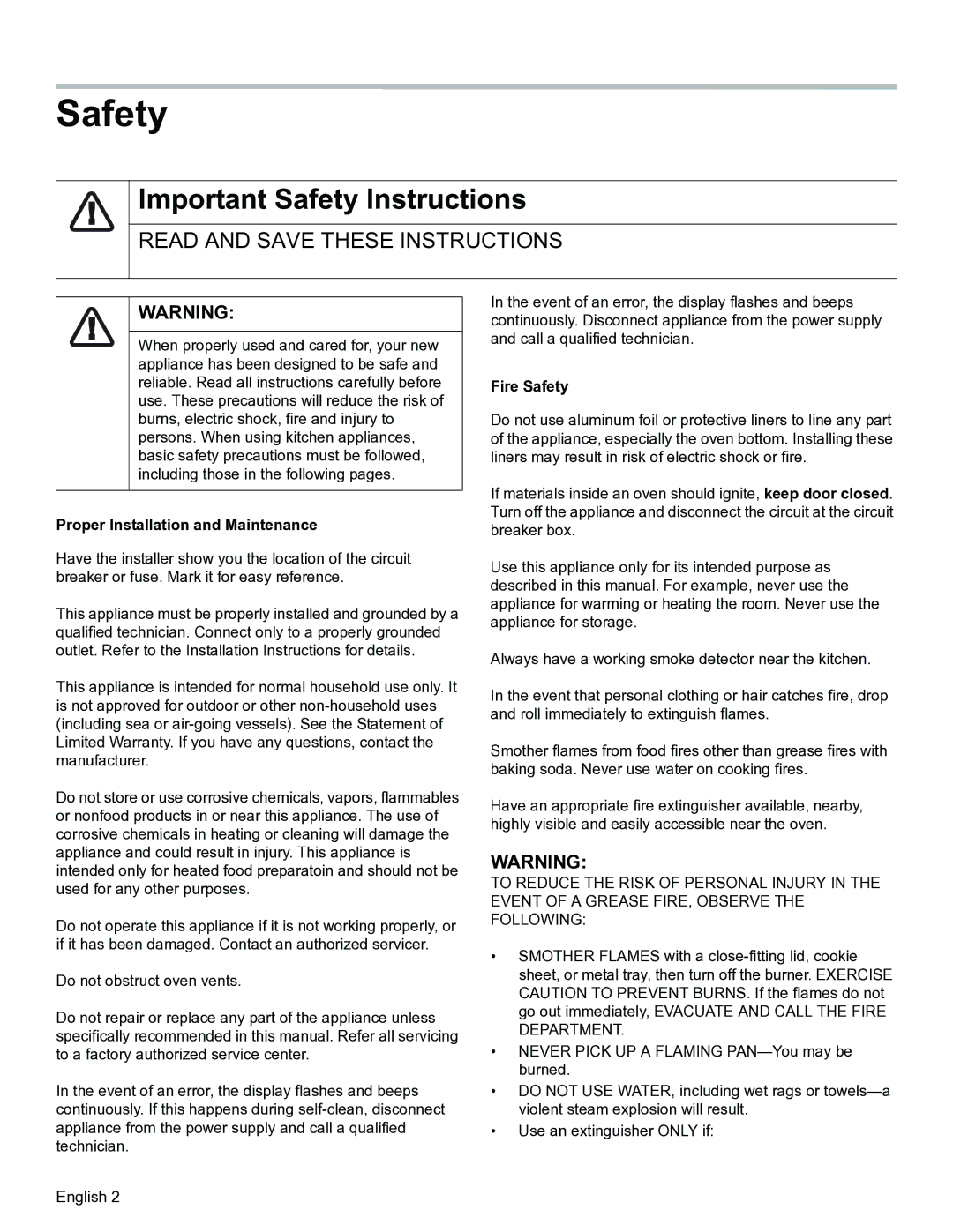 Thermador PODMW301, PODM301 manual Important Safety Instructions, Proper Installation and Maintenance, Fire Safety 