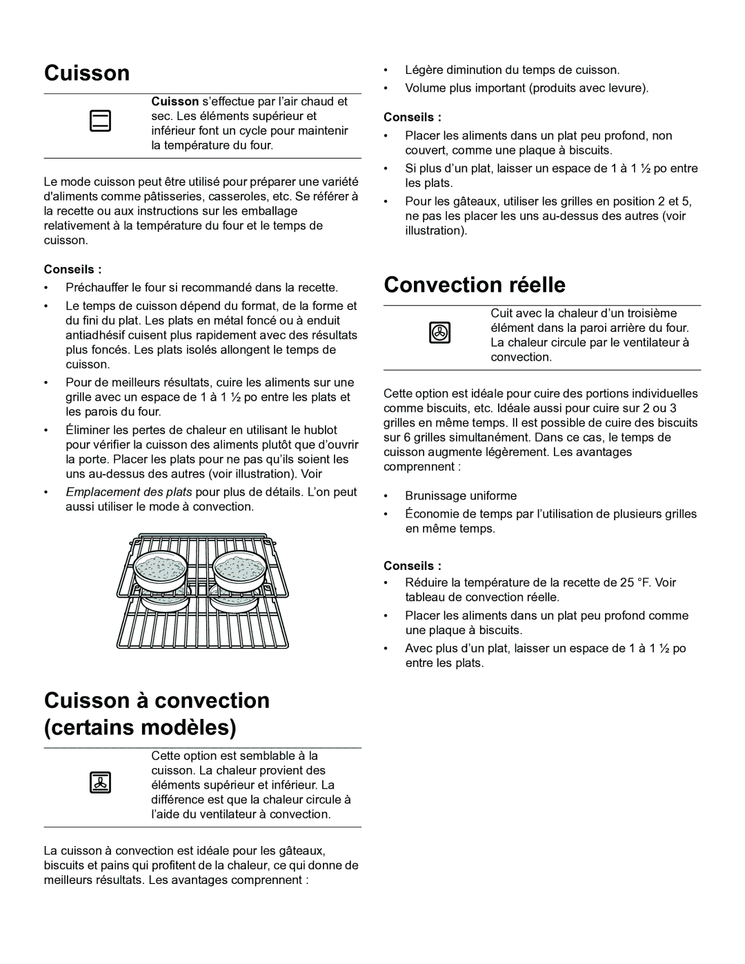 Thermador PODMW301, PODM301 manual Cuisson à convection certains modèles, Convection réelle, Conseils 