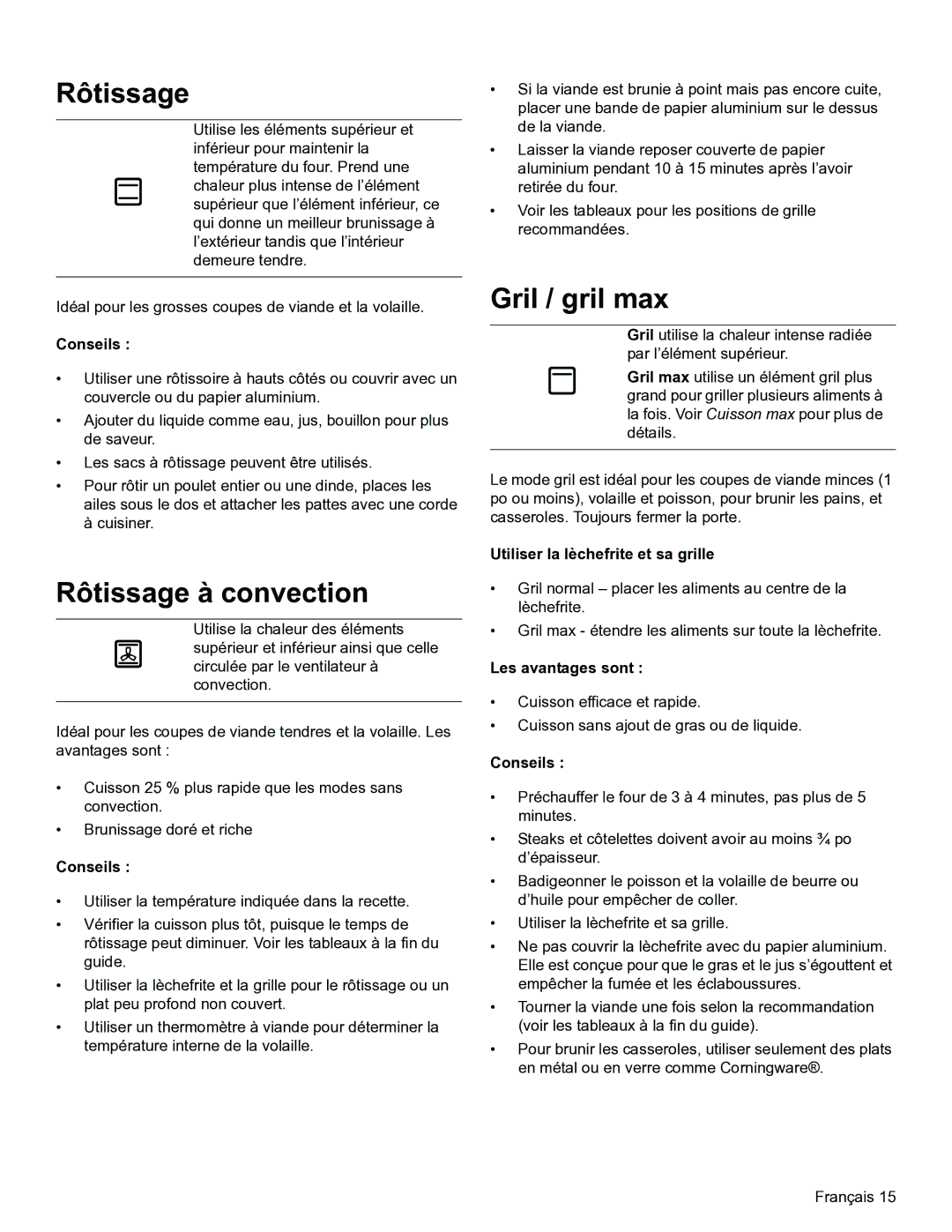 Thermador PODM301 Rôtissage à convection, Gril / gril max, Utiliser la lèchefrite et sa grille, Les avantages sont 