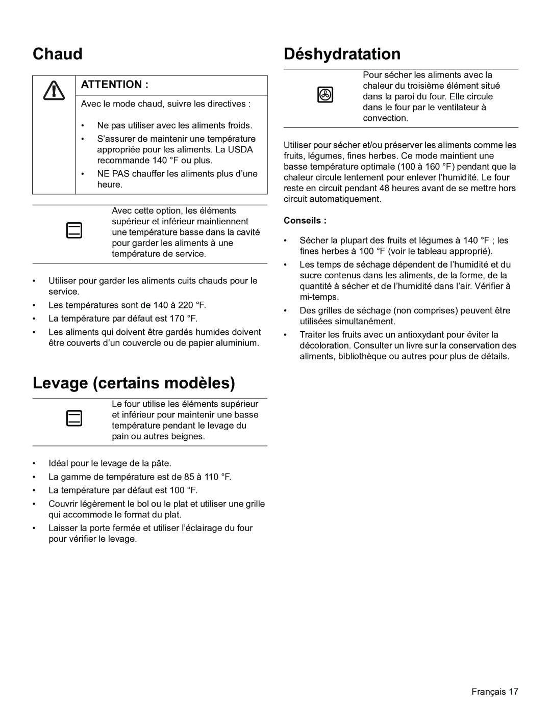 Thermador PODM301, PODMW301 manual Chaud, Levage certains modèles, Déshydratation 