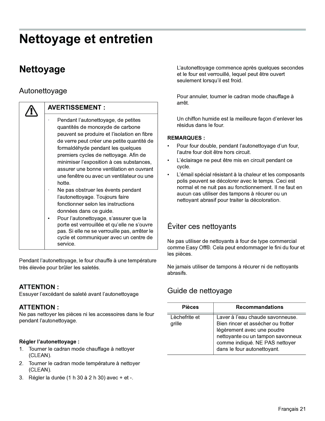 Thermador PODM301, PODMW301 manual Nettoyage et entretien, Autonettoyage, Éviter ces nettoyants, Guide de nettoyage 