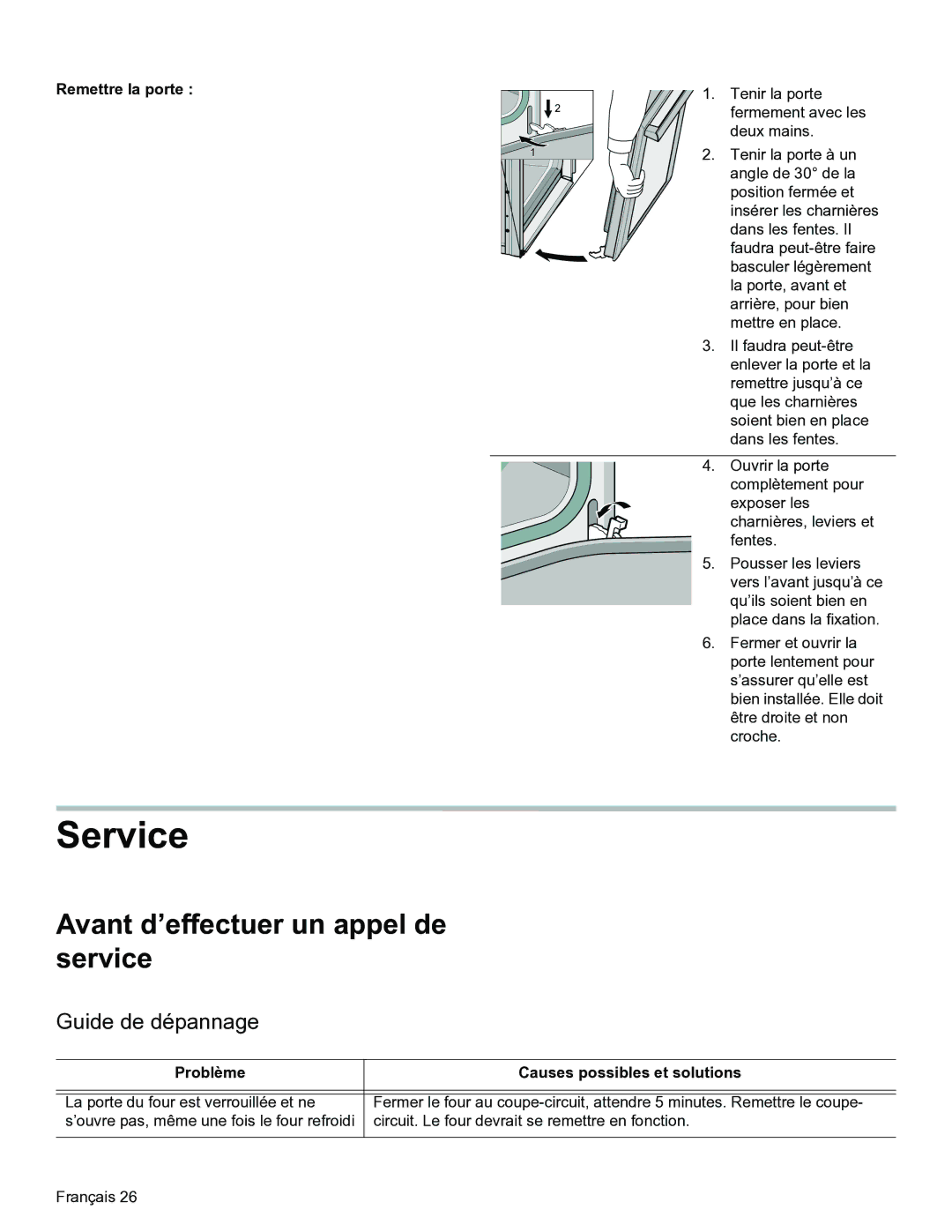 Thermador PODMW301, PODM301 manual Avant d’effectuer un appel de service, Guide de dépannage, Remettre la porte 