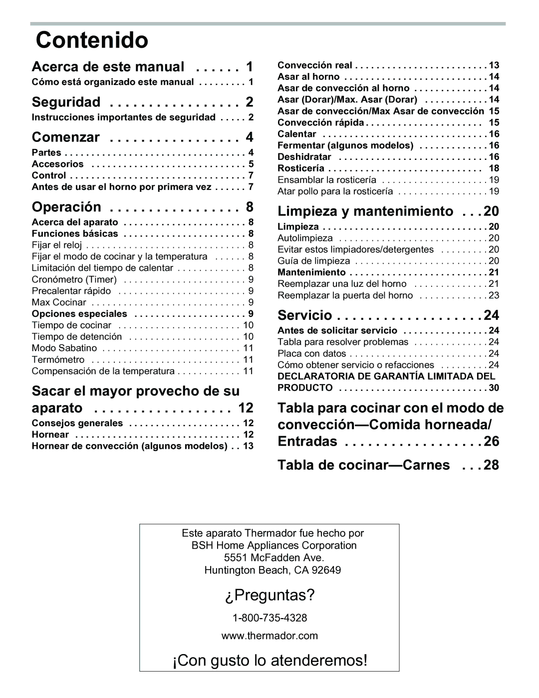 Thermador PODM301, PODMW301 manual Contenido 