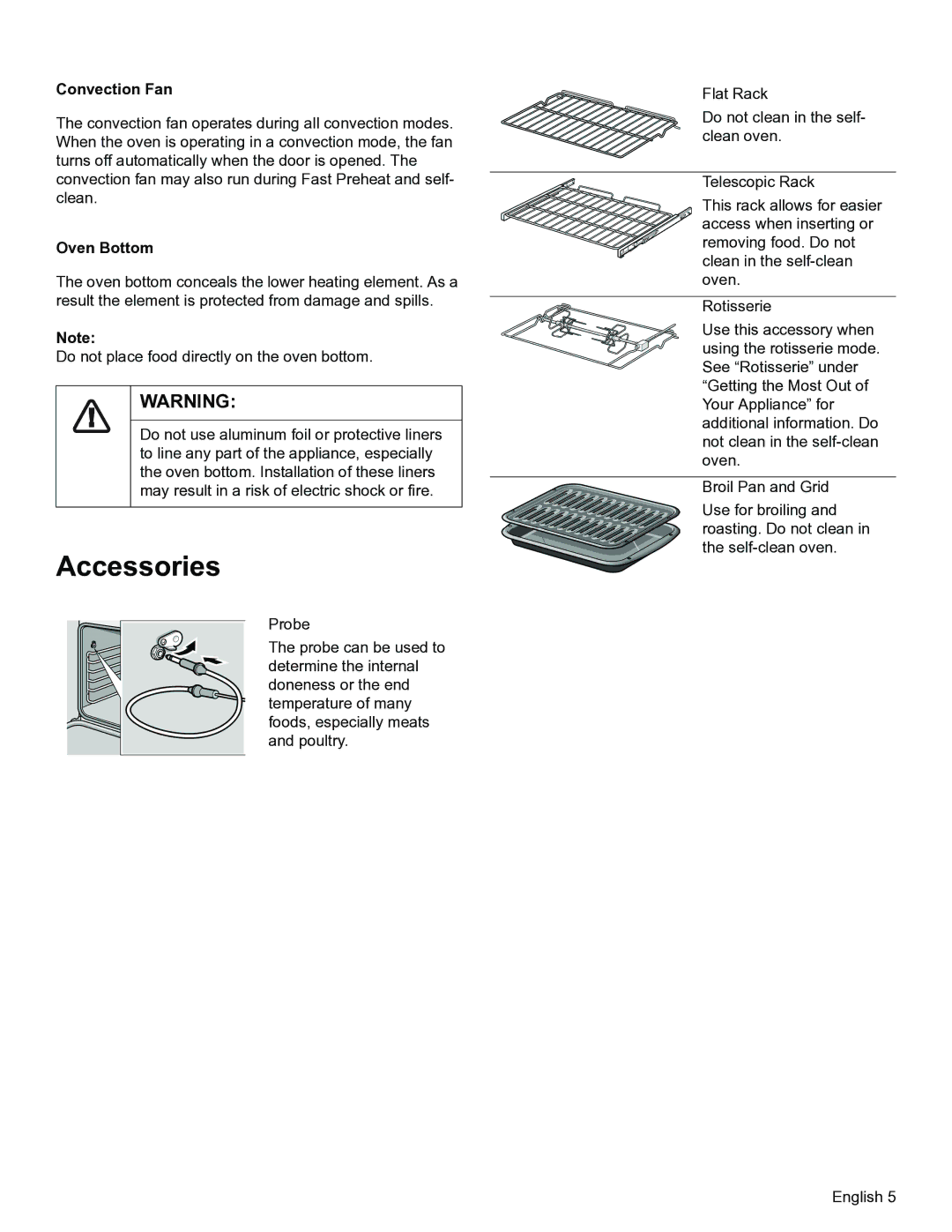 Thermador PODM301, PODMW301 manual Accessories, Convection Fan, Oven Bottom 