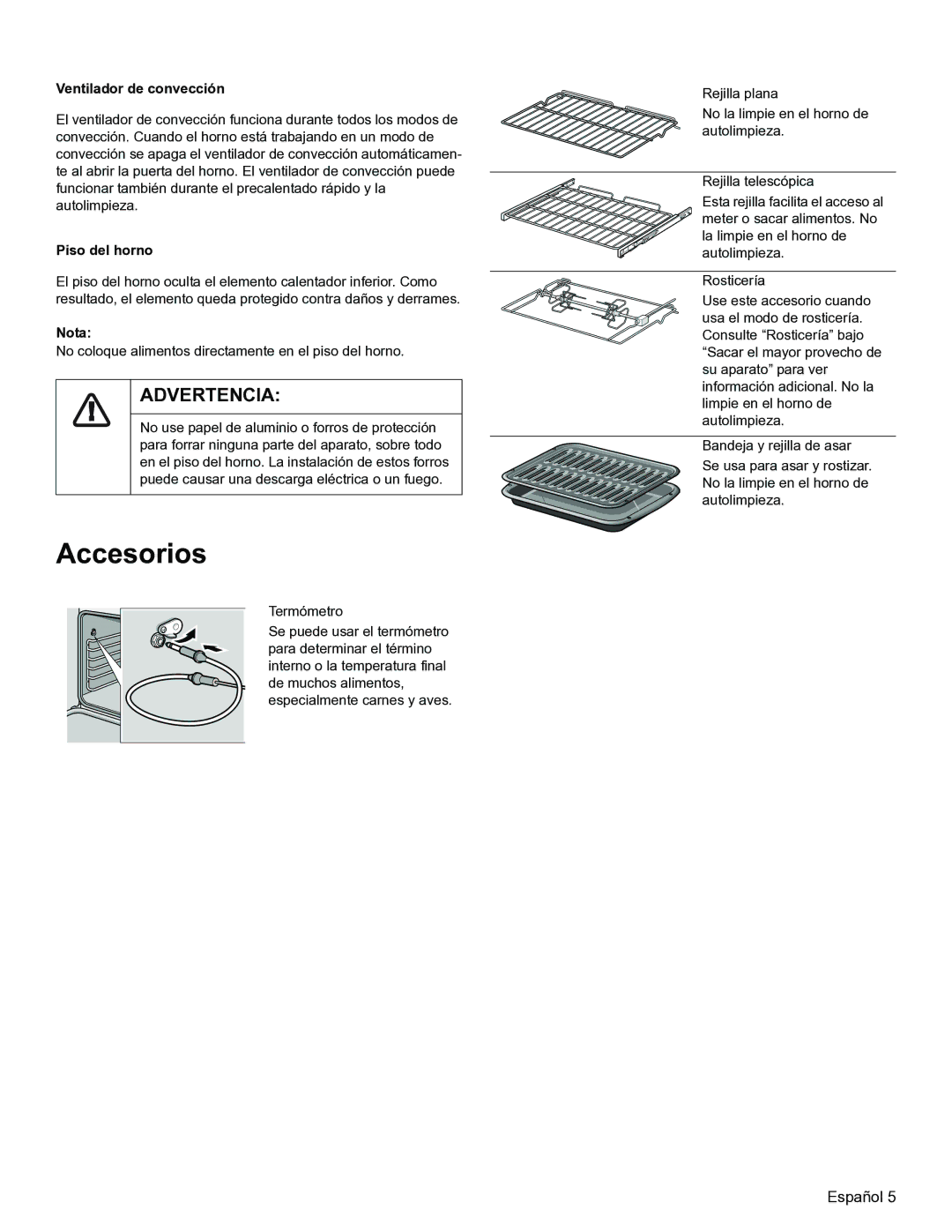 Thermador PODM301, PODMW301 manual Accesorios, Ventilador de convección, Piso del horno, Nota 