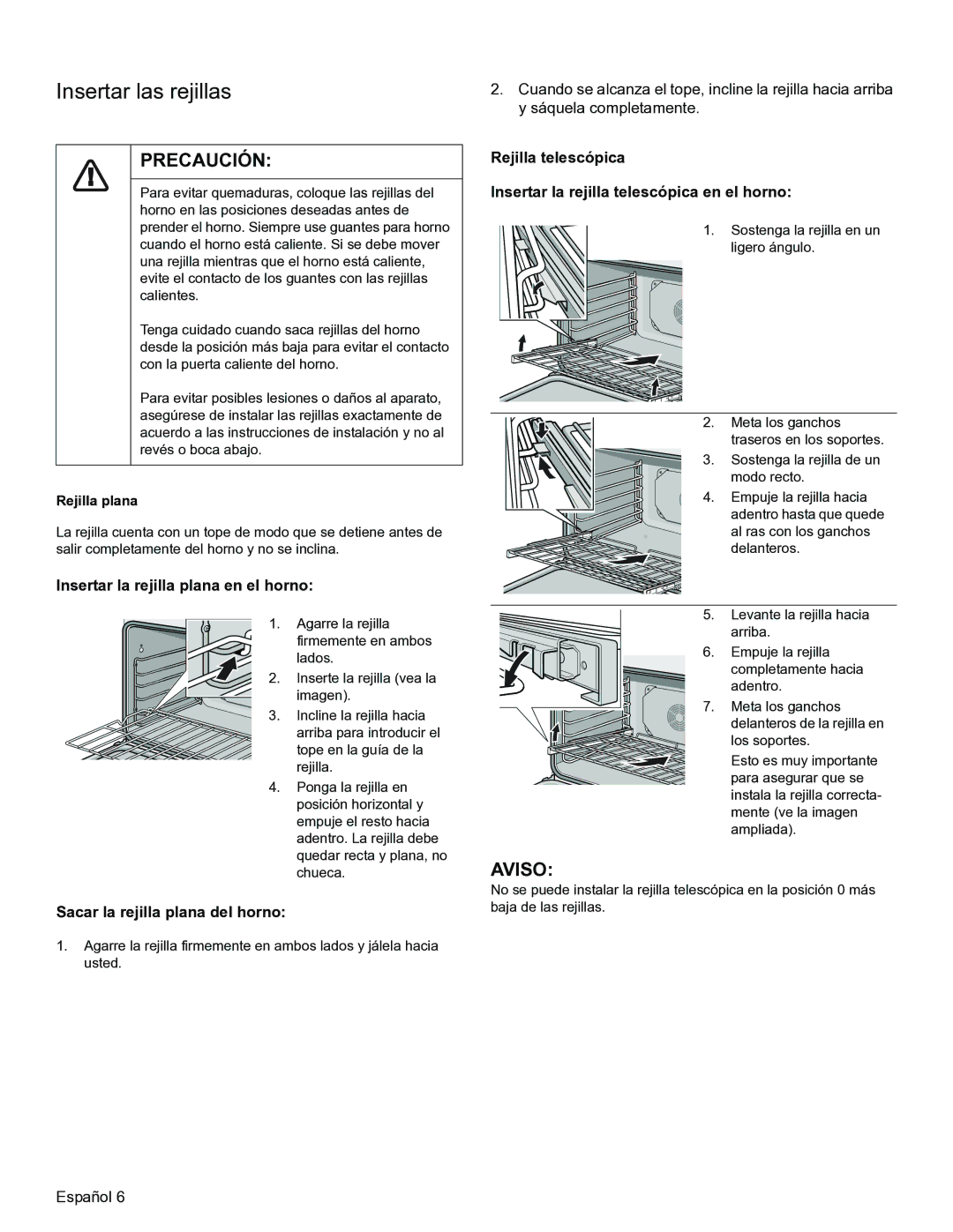 Thermador PODMW301, PODM301 Insertar las rejillas, Insertar la rejilla plana en el horno, Sacar la rejilla plana del horno 