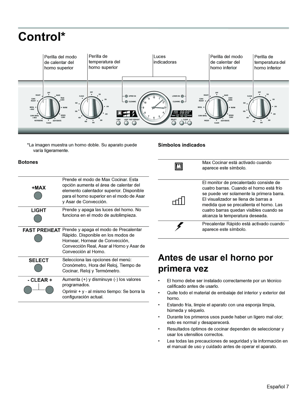 Thermador PODM301, PODMW301 manual Antes de usar el horno por primera vez, Botones, Símbolos indicados 