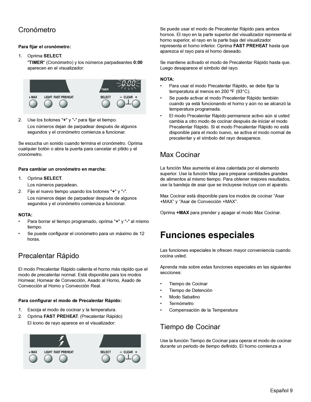 Thermador PODM301, PODMW301 manual Funciones especiales, Cronómetro, Precalentar Rápido, Max Cocinar, Tiempo de Cocinar 