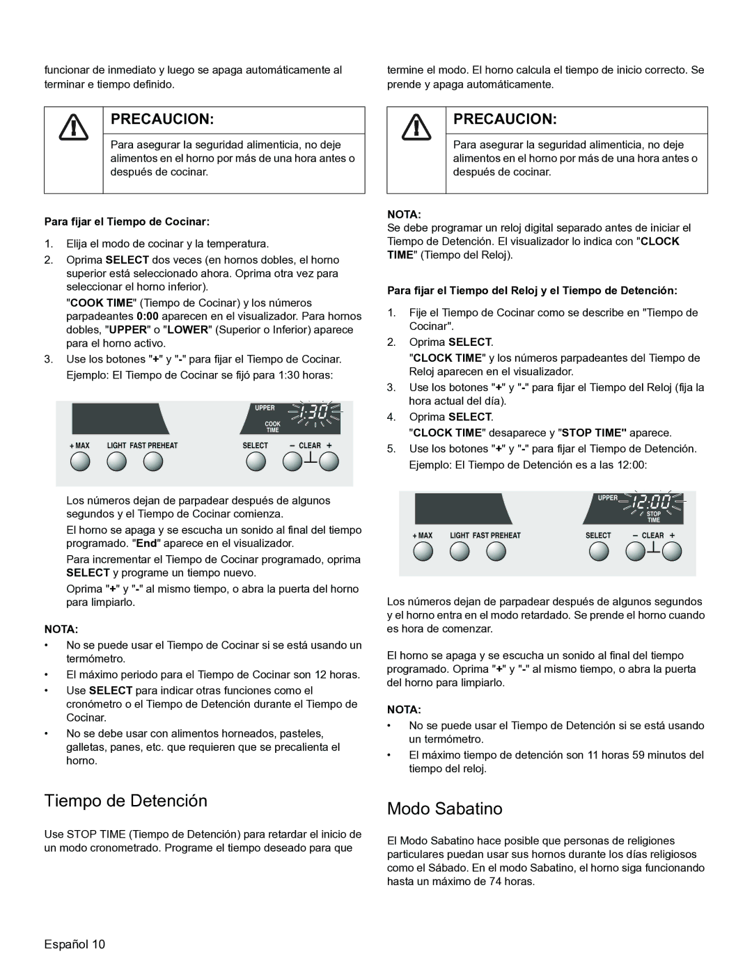 Thermador PODMW301, PODM301 manual Tiempo de Detención, Modo Sabatino, Para fijar el Tiempo de Cocinar 