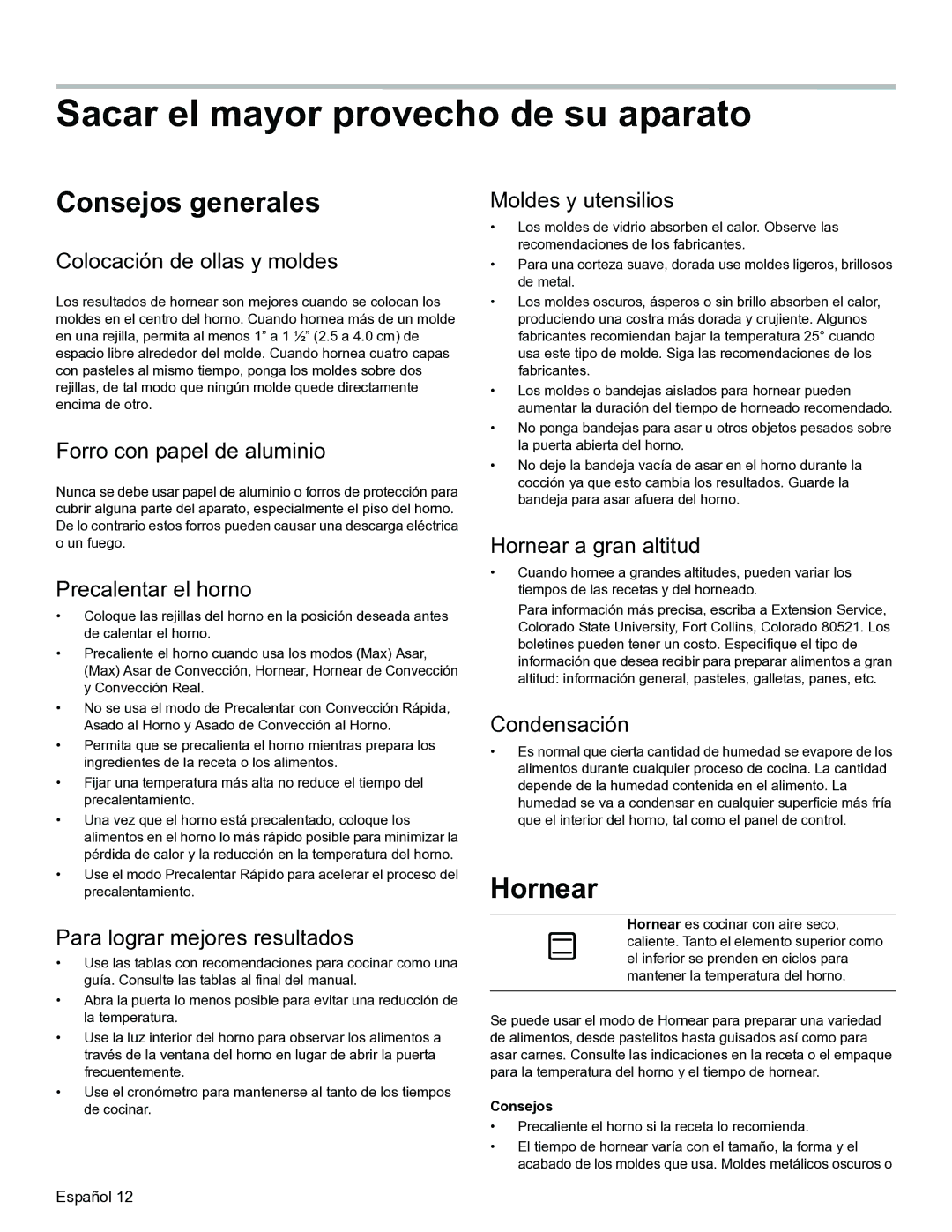 Thermador PODMW301, PODM301 manual Sacar el mayor provecho de su aparato, Consejos generales, Hornear 