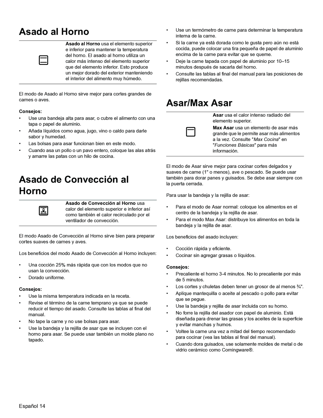 Thermador PODMW301, PODM301 manual Asado al Horno, Asar/Max Asar, Asado de Convección al Horno usa 