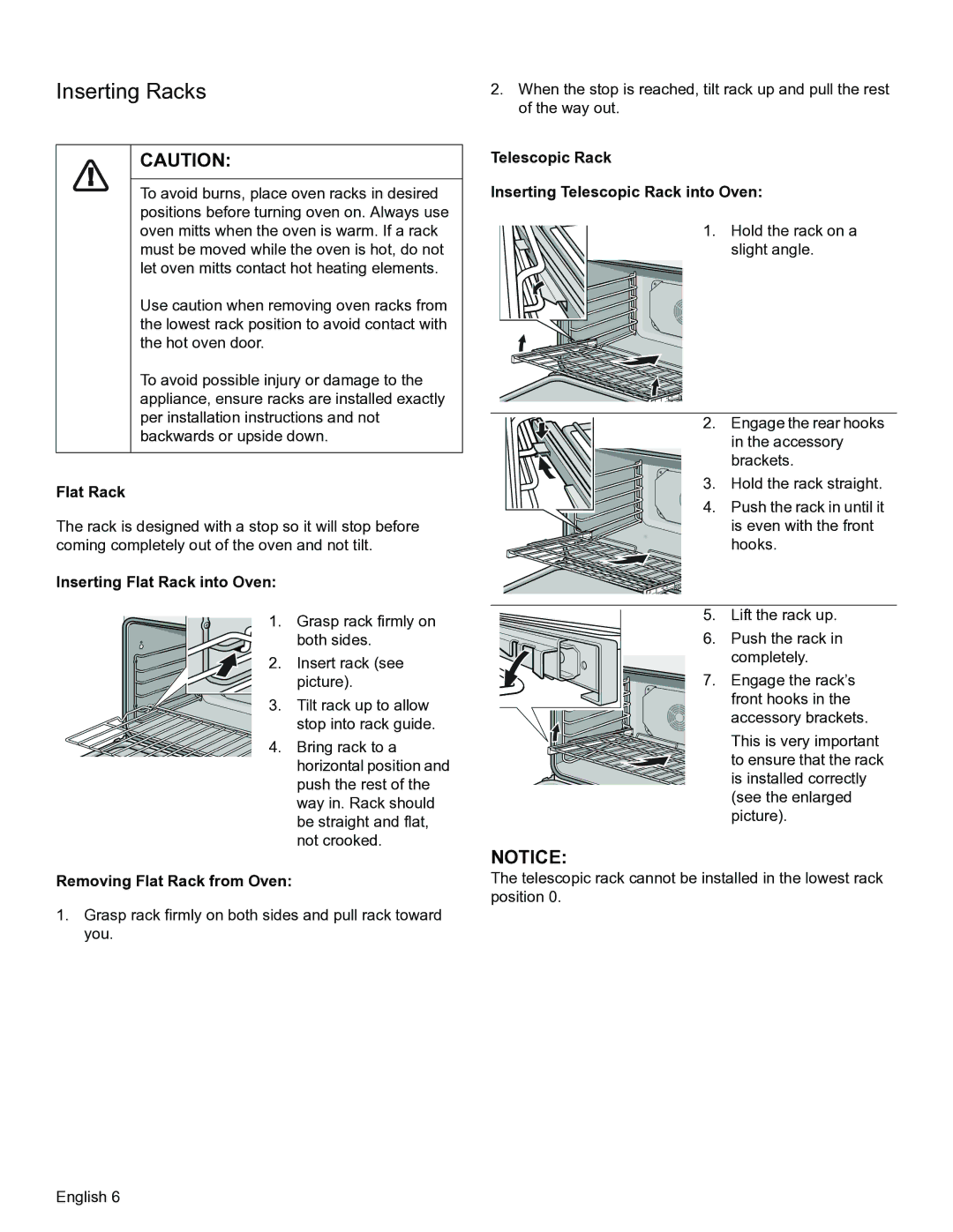 Thermador PODMW301, PODM301 manual Inserting Racks, Inserting Flat Rack into Oven, Removing Flat Rack from Oven 