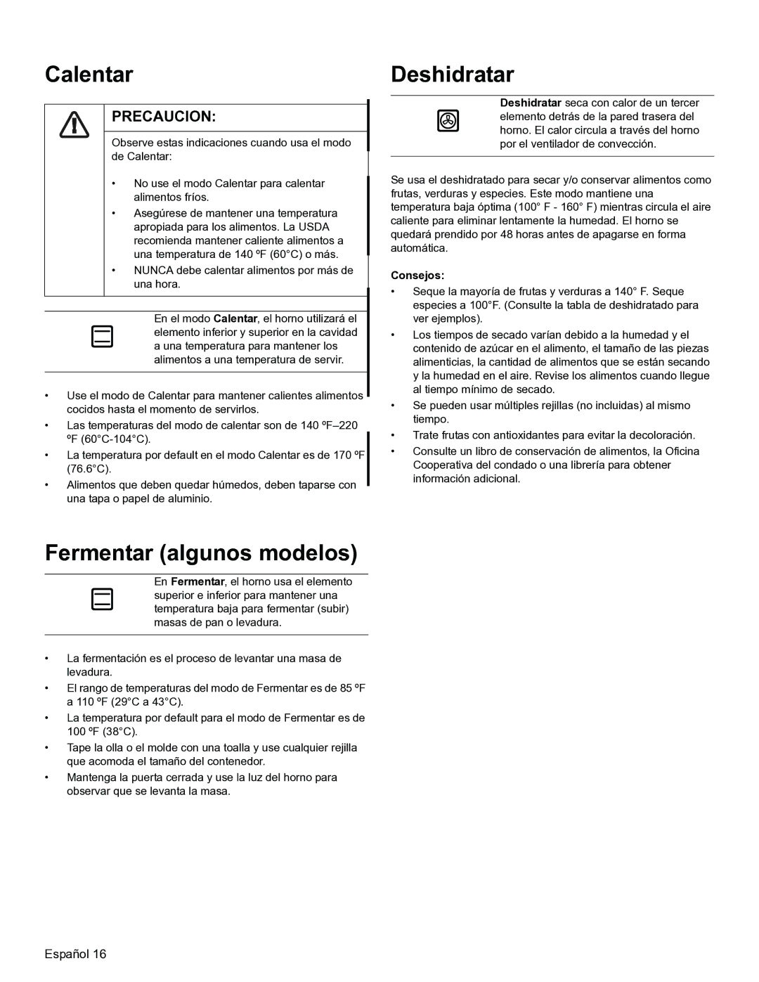 Thermador PODMW301, PODM301 manual Calentar, Fermentar algunos modelos, Deshidratar 