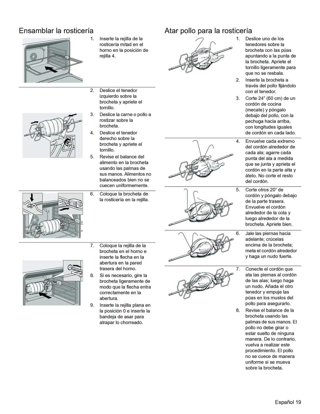 Thermador PODM301, PODMW301 manual Ensamblar la rosticería, Atar pollo para la rosticería 