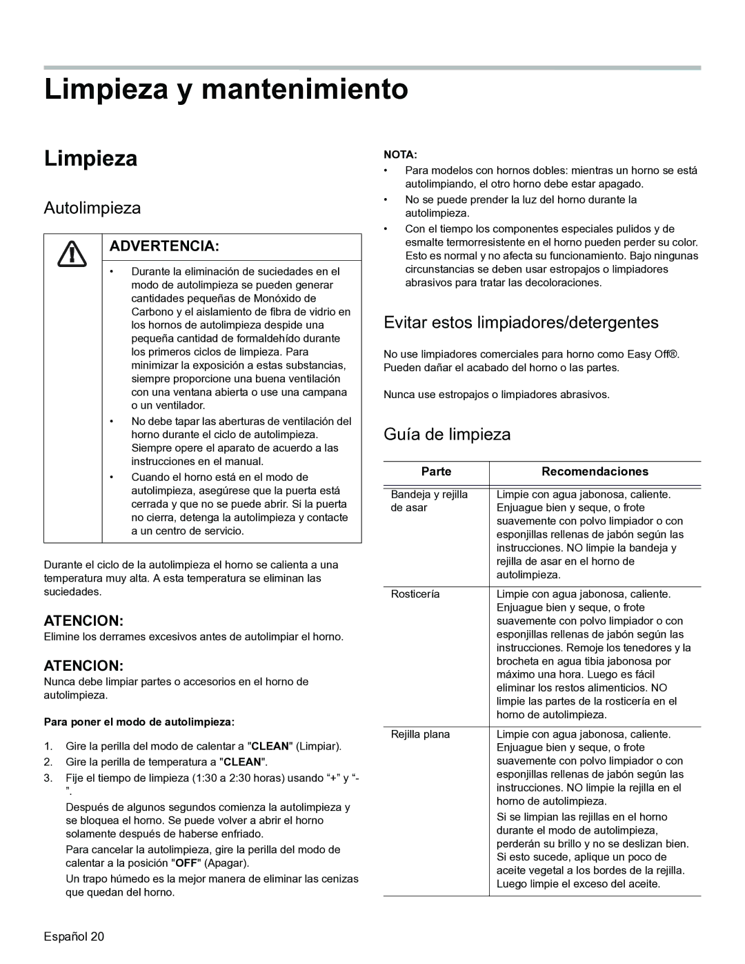 Thermador PODMW301, PODM301 Limpieza y mantenimiento, Autolimpieza, Evitar estos limpiadores/detergentes, Guía de limpieza 