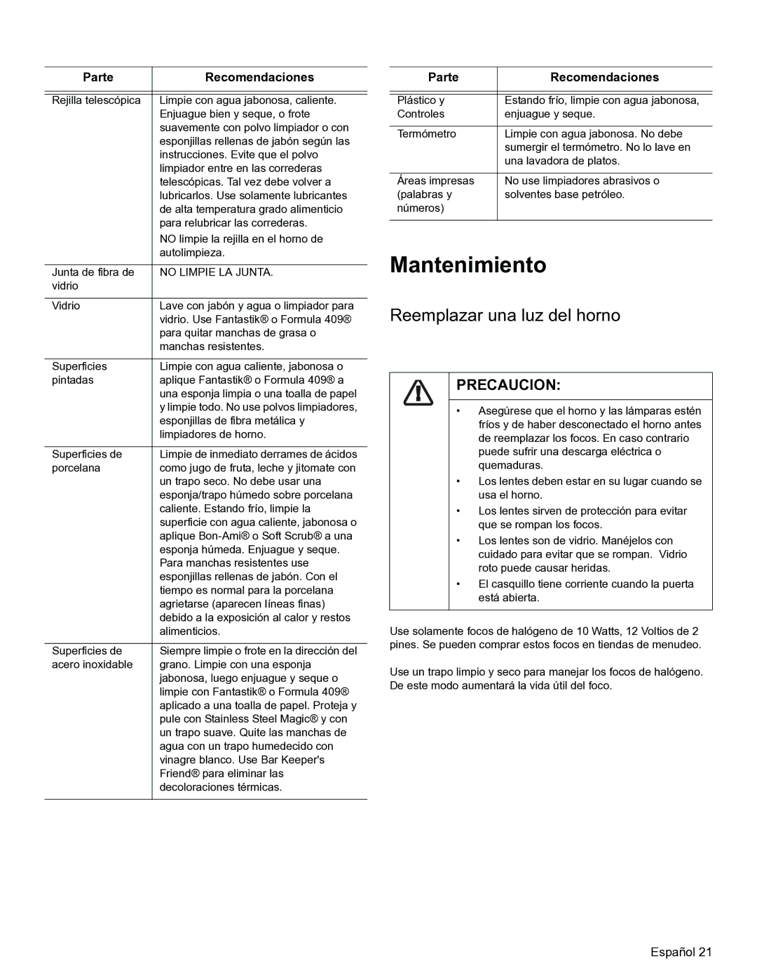 Thermador PODM301, PODMW301 manual Mantenimiento, Reemplazar una luz del horno 