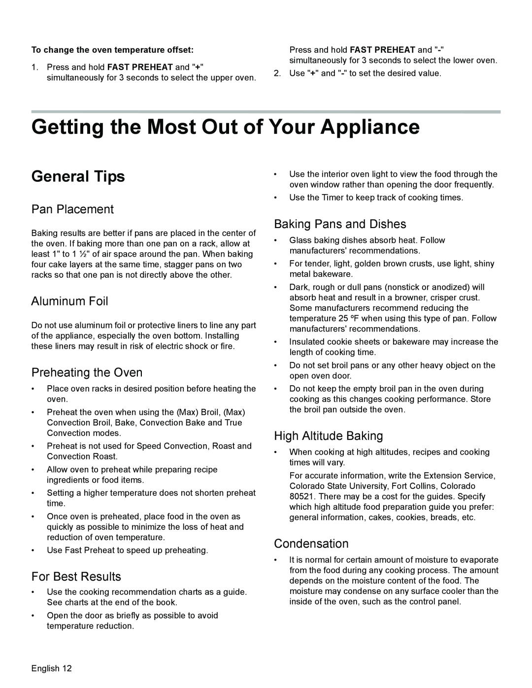 Thermador PODMW301 Getting the Most Out of Your Appliance, General Tips, Pan Placement, Aluminum Foil, Preheating the Oven 
