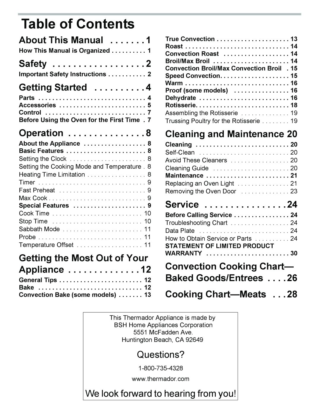 Thermador PODM301 manual Table of Contents, About This Manual, Safety, Getting Started, Operation, Cleaning and Maintenance 