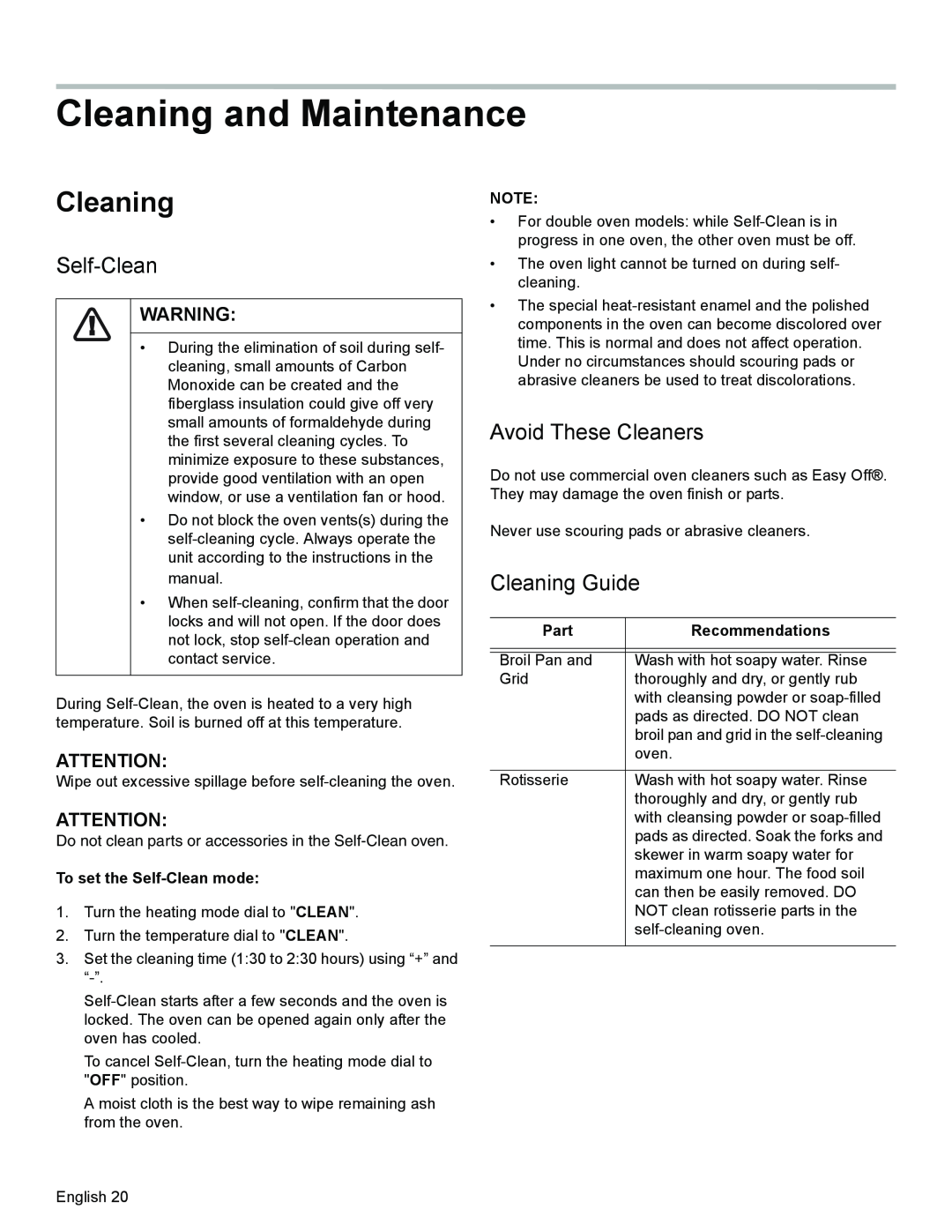 Thermador PODMW301 Cleaning and Maintenance, Avoid These Cleaners, Cleaning Guide, To set the Self-Cleanmode, Part 