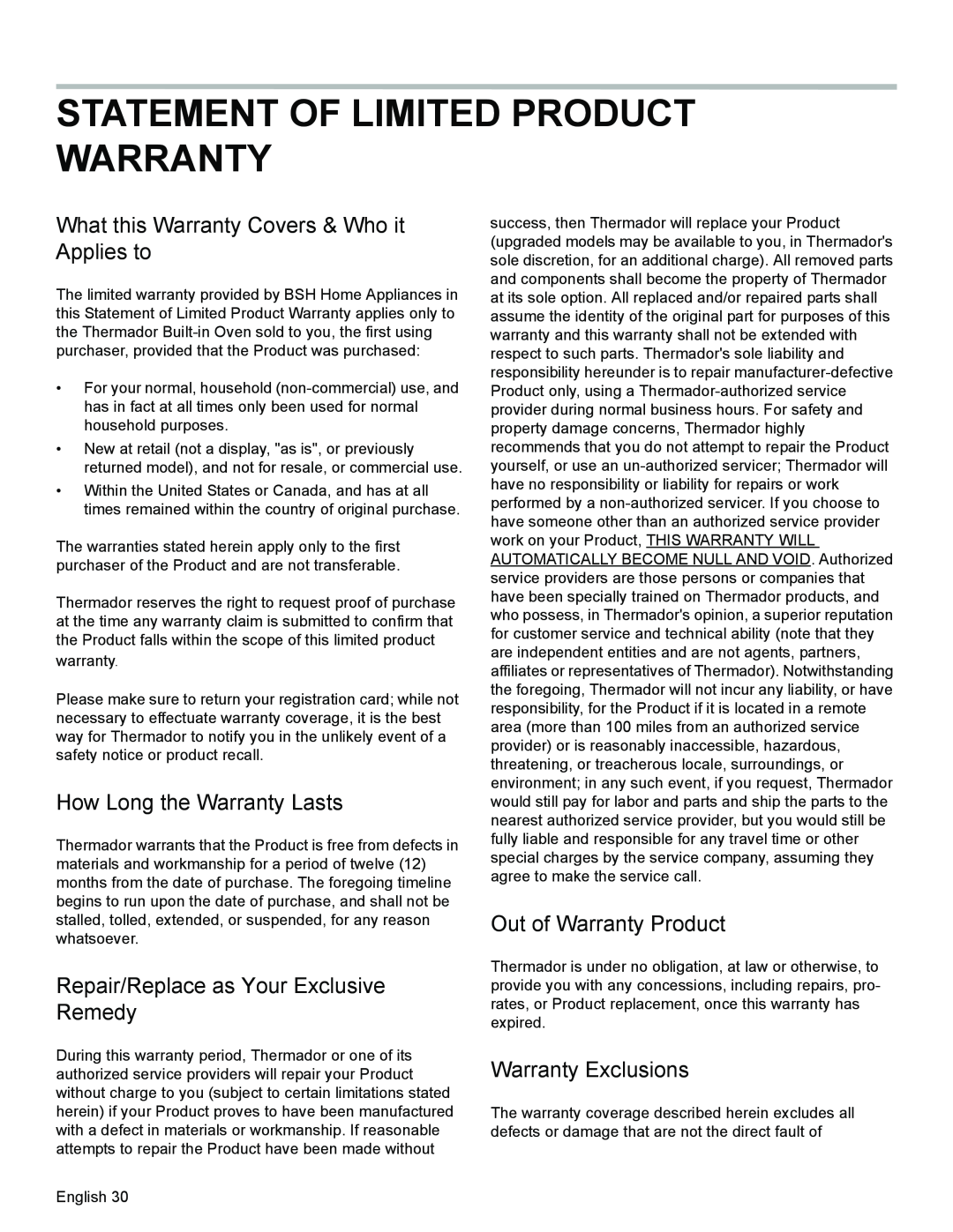 Thermador PODMW301, PODM301 manual Statement Of Limited Product Warranty, What this Warranty Covers & Who it Applies to 