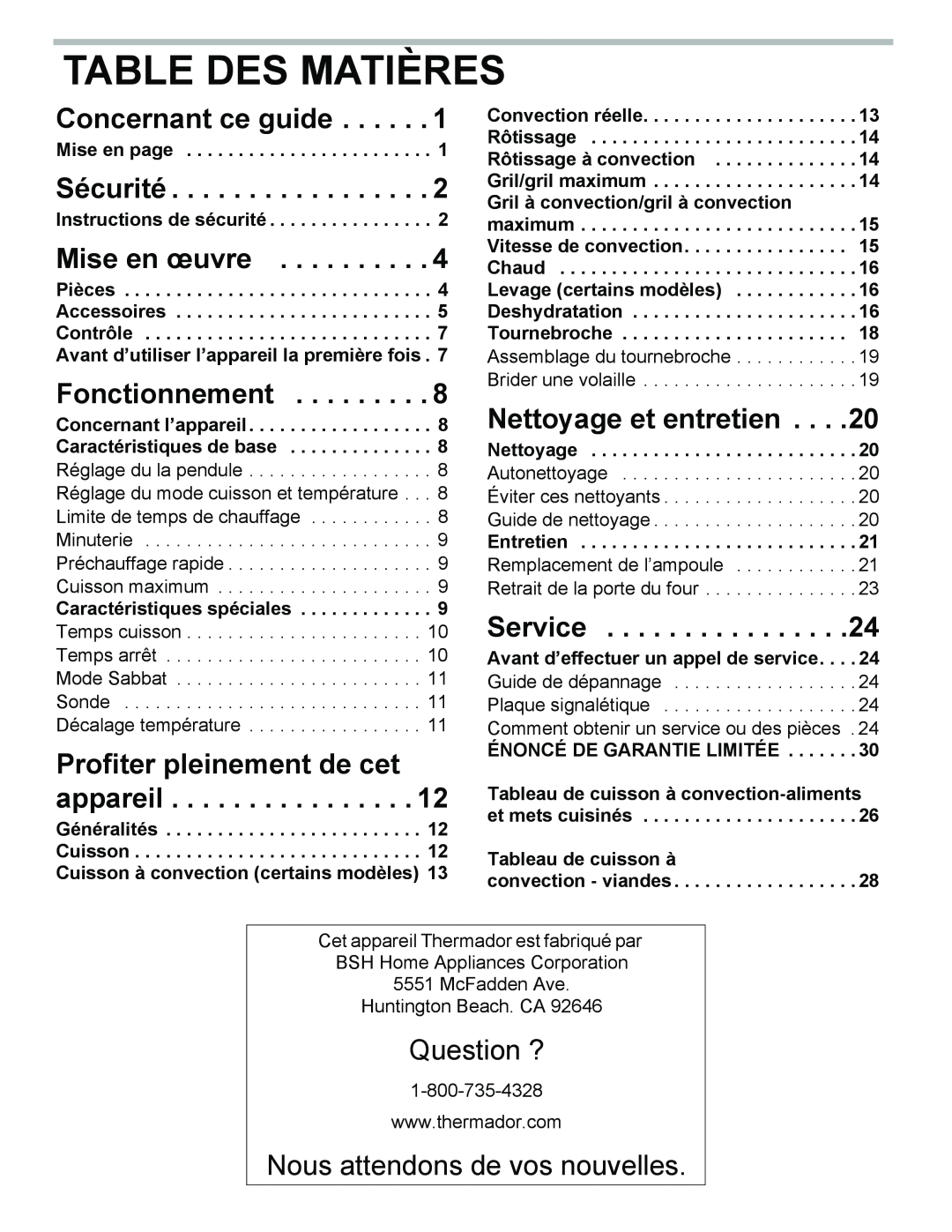 Thermador PODM301 Table Des Matières, Concernant ce guide, Sécurité, Mise en œuvre, Fonctionnement, Nettoyage et entretien 