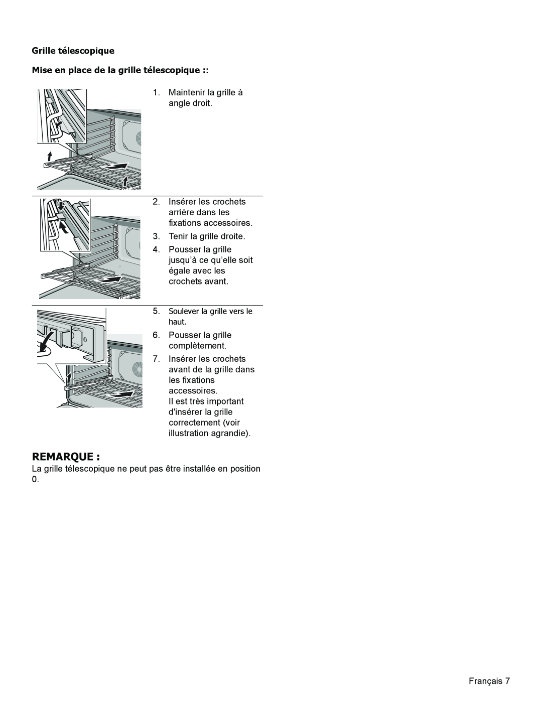 Thermador PODM301, PODMW301 manual Remarque, Grille télescopique, Mise en place de la grille télescopique 