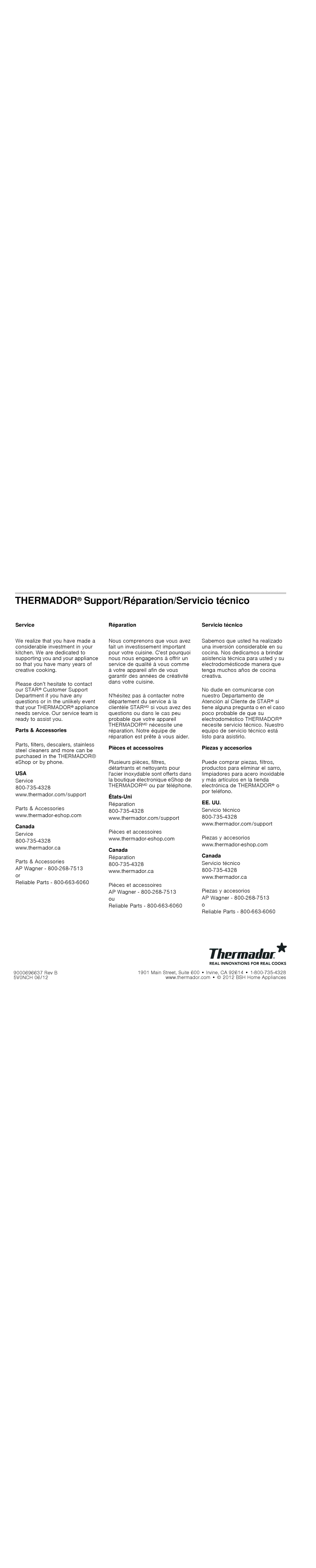 Thermador PODM301J, PODMW301J, POD301J, PODC302J manual Thermador Support/Réparation/Servicio técnico 