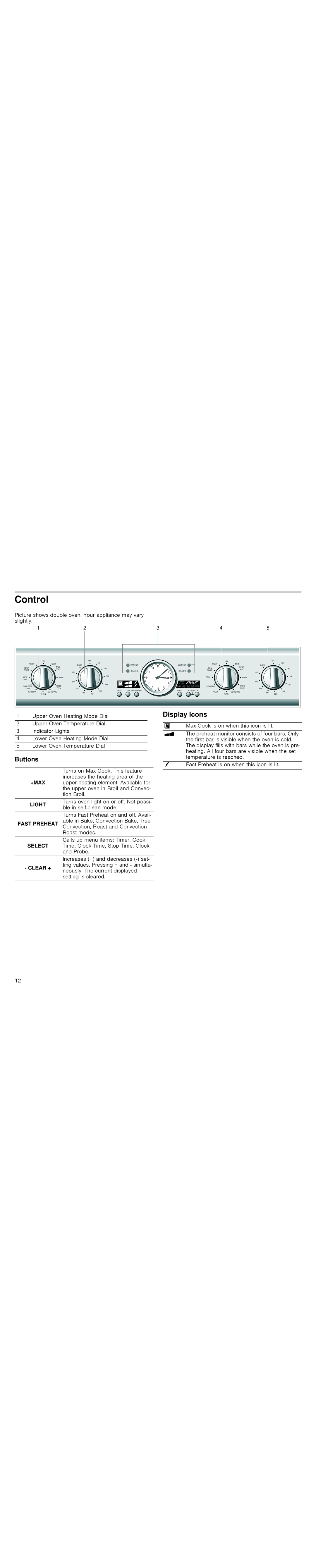 Thermador PODM301J, PODMW301J, POD301J, PODC302J manual Control, Display Icons, Buttons 